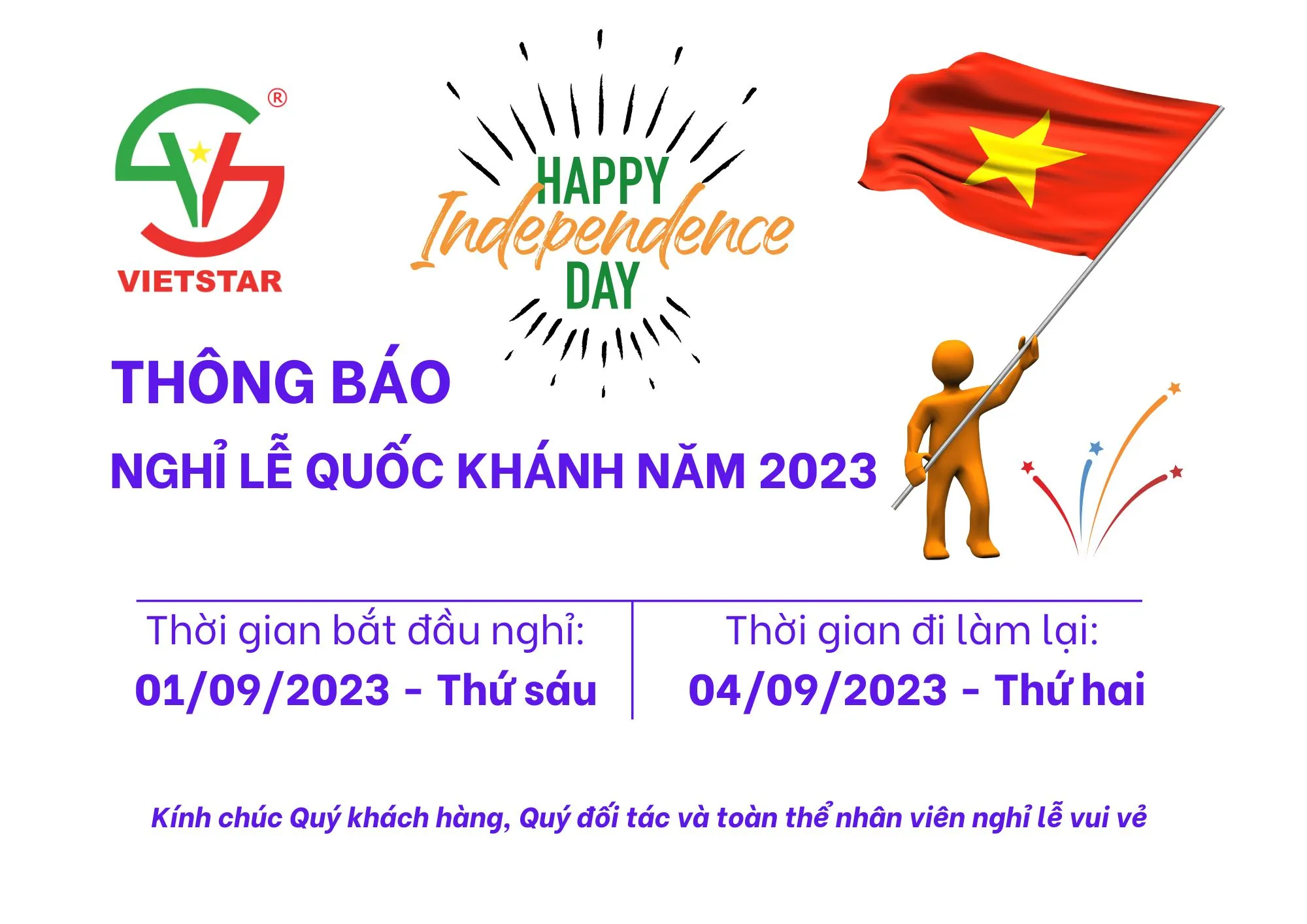 THÔNG BÁO NGHỈ LỄ QUỐC KHÁNH 2.9.2023