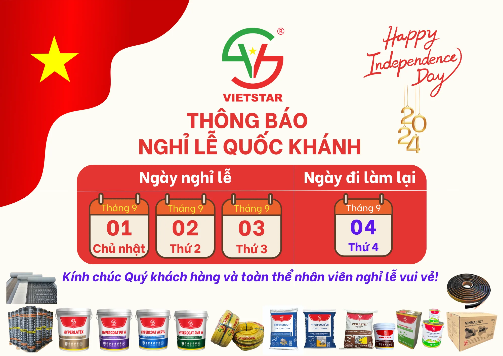 THÔNG BÁO NGHỈ LỄ QUỐC KHÁNH 2.9.2024