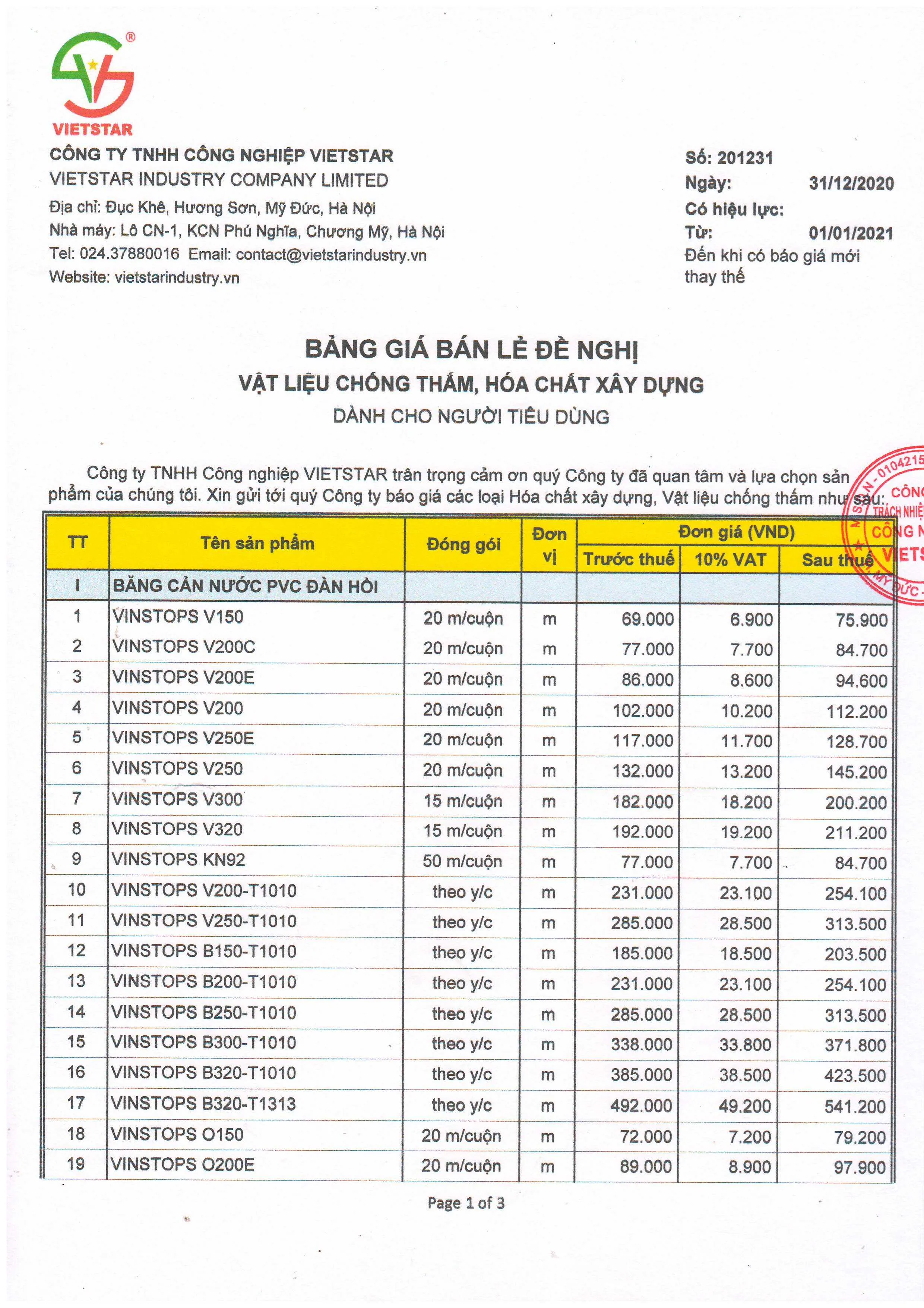 BẢNG GIÁ BÁN LẺ VẬT LIỆU CHỐNG THẤM VIETSTAR (ÁP DỤNG KỂ TỪ NGÀY 01/01/2021)