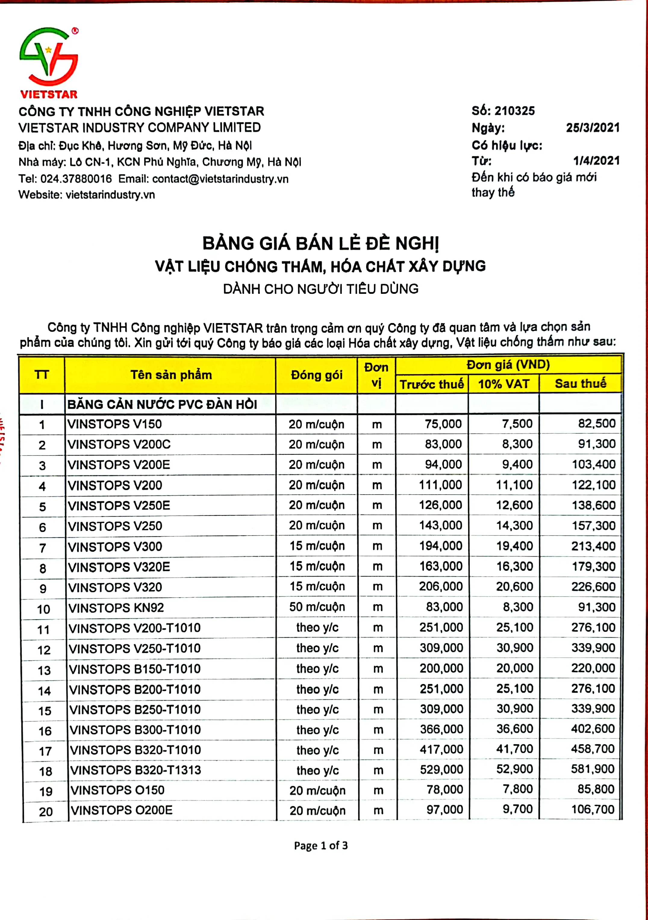 BẢNG GIÁ BÁN LẺ VẬT LIỆU CHỐNG THẤM VIETSTAR (ÁP DỤNG KỂ TỪ NGÀY 01/04/2021)