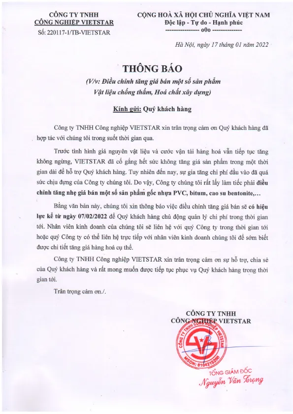 Thông báo điều chỉnh giá bán Vật liệu chống thấm, Hoá chất xây dựng VIETSTAR (áp dụng từ ngày 07/02/2022)