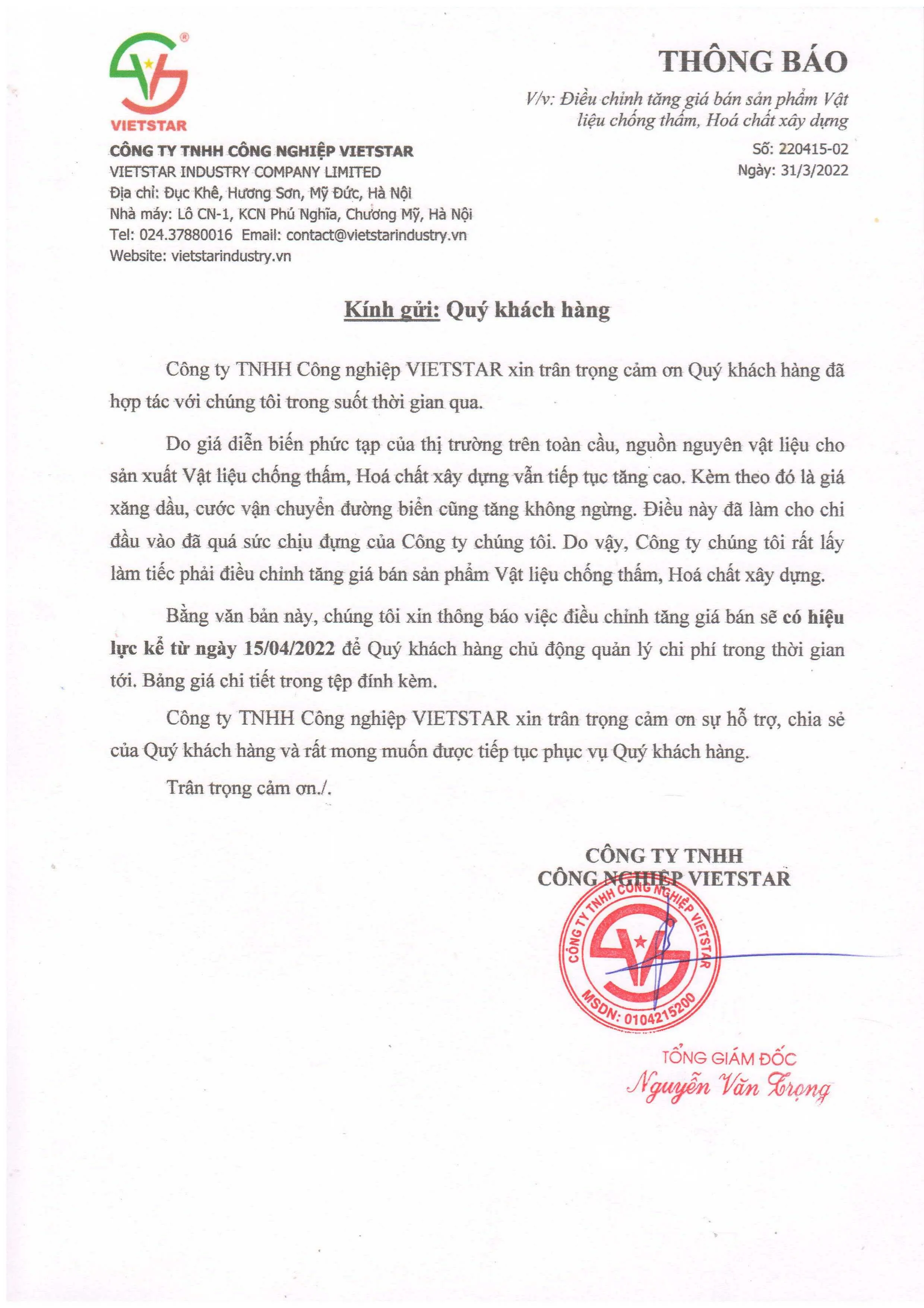 VIETSTAR: Thông báo điều chỉnh giá bán Vật liệu chống thấm, Hoá chất xây dựng (áp dụng từ ngày 15/04/2022)