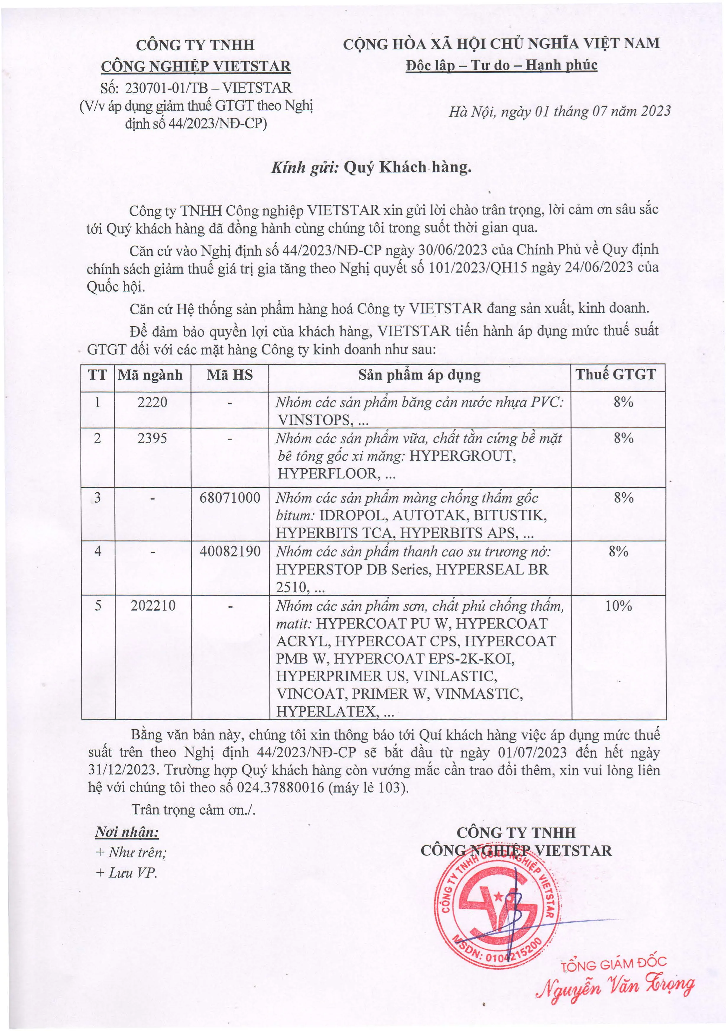 Thông báo giảm thuế GTGT theo Nghị định số 44/2023/NĐ-CP