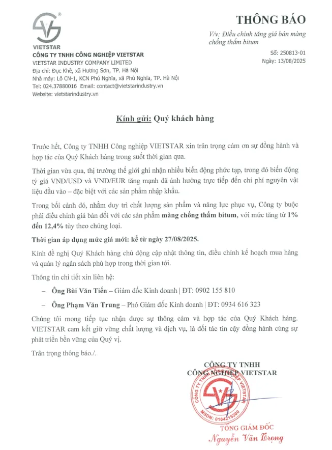 VIETSTAR thông báo giá Vật liệu chống thấm, áp dụng từ ngày 27/08/2025